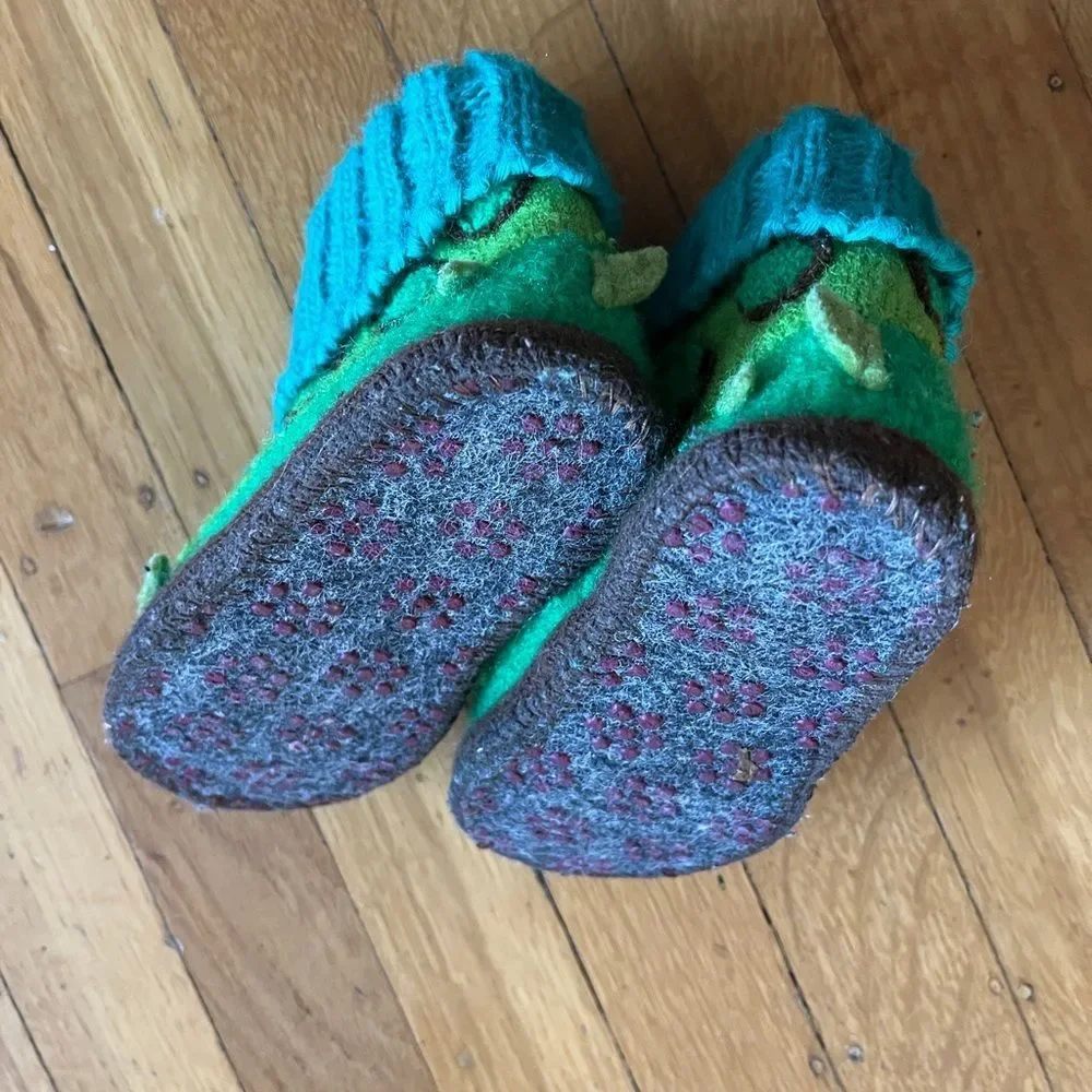 Garnett Hill boiled wool turtle animal slippers 6 36 6T green turquoise warm kid